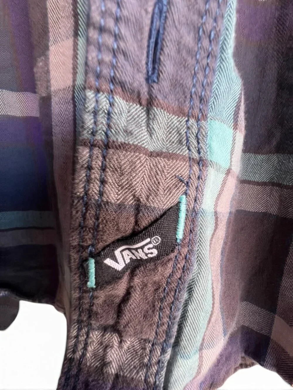 Vans Boys Plaid Button Down Shirt Purple Teal Long Sleeve Size XL